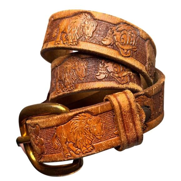 Disney Vtg Belt Tooled Characters Leather Mickey Donald Pinocchio Childs 22” - Picture 1 of 16